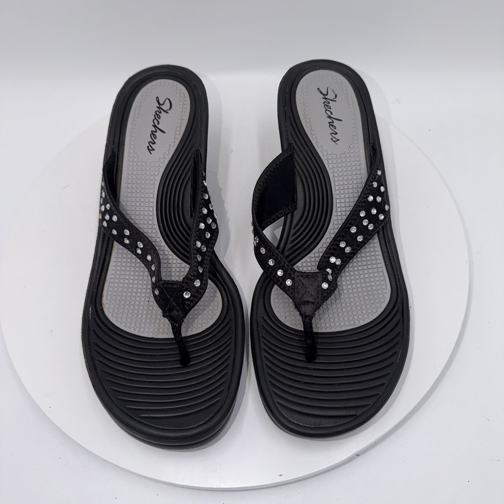 Skechers Vintage Y2K Cali Womens Black Kitty Wedge Thong Gem Sandals Size 8 - Picture 6 of 8